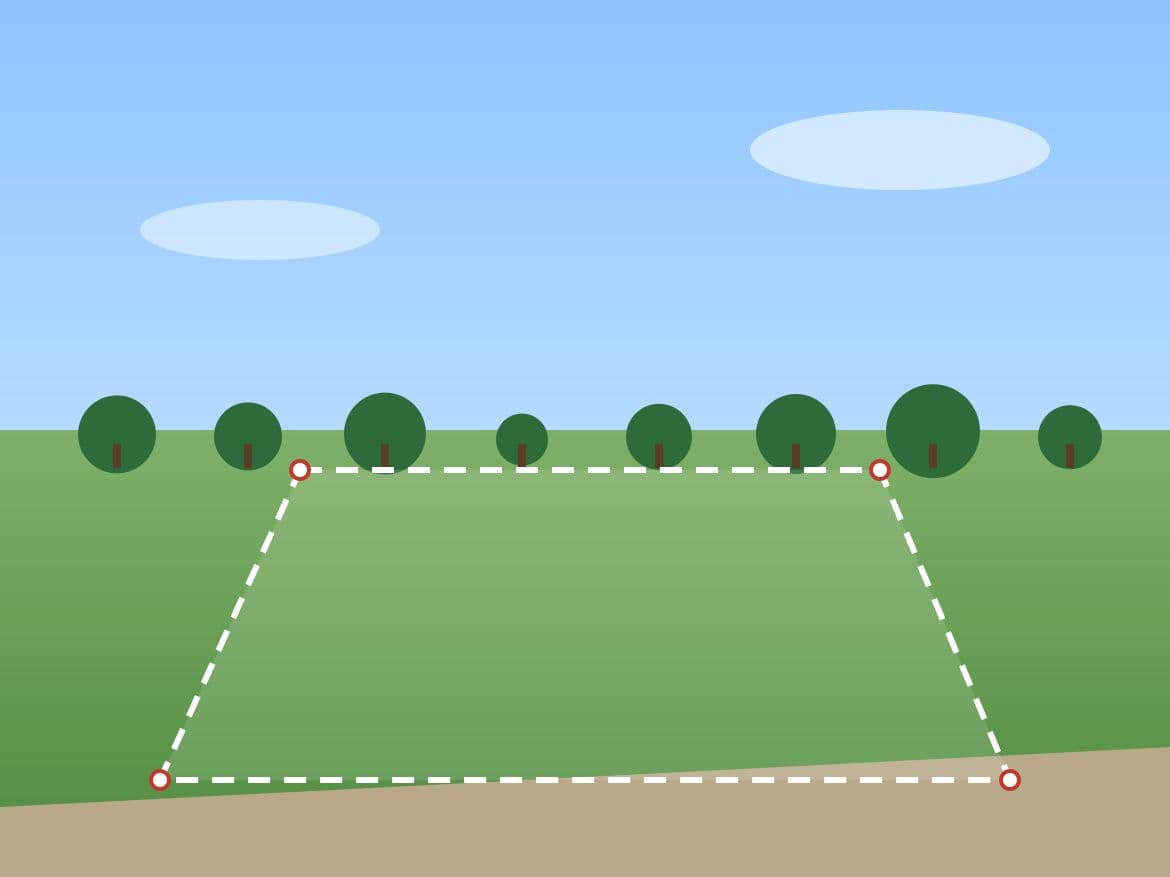 Placeholder illustration of a plot of land marked with corner pegs beside a road