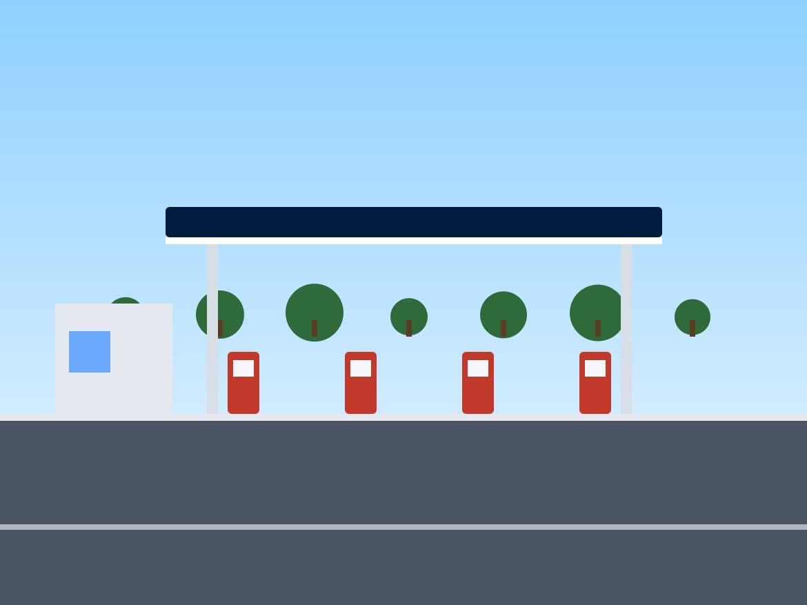 Placeholder illustration of a gas station with a dark canopy and pumps