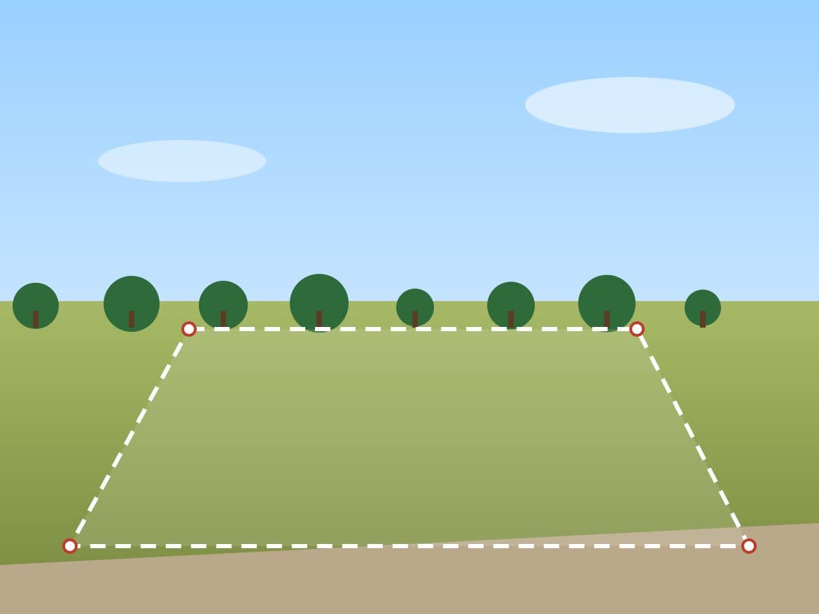 Placeholder illustration of a wide residential plot with corner pegs